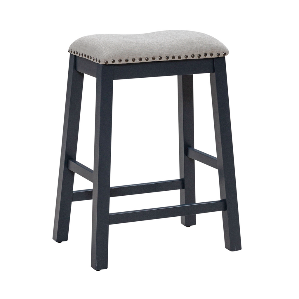 A black wooden bar stool featuring a light gray cushioned seat accented with decorative metal studs is the perfect companion to the Liberty Furniture Brook Creek Table and 2 Chairs 942NY-CD-3CTS, adding stylish appeal to small space dining.