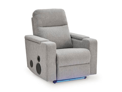 Pineland Pewter Power Recliner 9930642A, a gray upholstered power recliner with two circular speakers on the side and a blue LED light strip along the base, designed for home theaters.