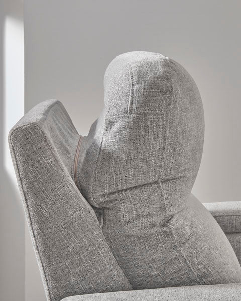 Close-up side view of a gray Pineland Pewter Power Recliner 9930642A with an extended headrest.