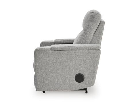 Side profile of a gray upholstered Pineland Pewter Power Recliner 9930642A with a circular control button on the side.