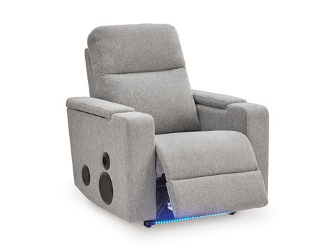 Gray Ashley Pineland Pewter Power Recliner 9930642A home theater recliner with an integrated audio system, featuring side speakers and blue accent lighting along the base.