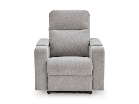 Light gray Pineland Pewter Power Recliner 9930642A with an integrated audio system for a home theater.