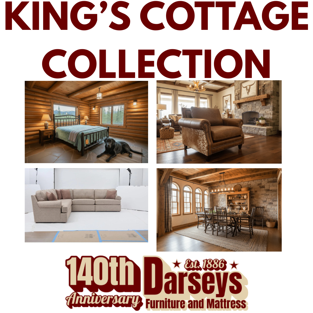 Promotional image for Darseys Furniture and Mattress featuring images of furniture and a dog in a home setting.