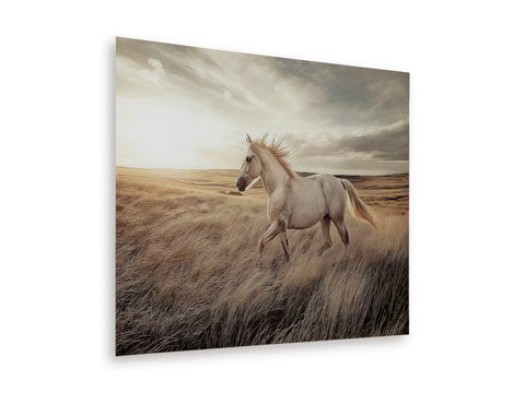 The Errolville Picture A8000489 features a white wild horse trotting through a golden, grassy field under a cloudy sky.