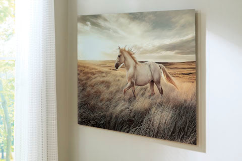 Errolville Picture A8000489 is a square glass print of a white horse running through tall grass under a cloudy sky.