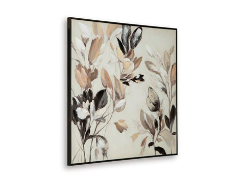Trulow Picture A8000504, a square piece of wall art featuring a painted botanical arrangement of blooming florals in shades of brown, black, and beige, perfect for neutral home decor.