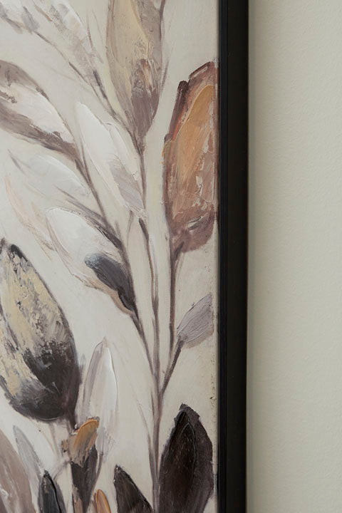 Trulow Picture A8000504, a framed abstract painting featuring textured, painterly leaves in shades of cream, brown, and bronze, serving as elegant neutral botanical wall art.