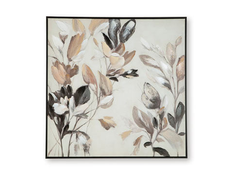 Trulow Picture A8000504, a square framed wall art featuring abstract botanical brushstrokes of flowers and foliage in shades of brown, black, and beige.