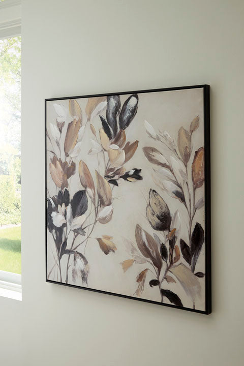 A square framed Trulow Picture A8000504 featuring abstract botanical wall art with leaves and stems in neutral tones of beige, brown, and black.