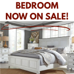Bedroom set with bed, dresser, and mirror on a white background with 'Bedroom Now on Sale!' text.