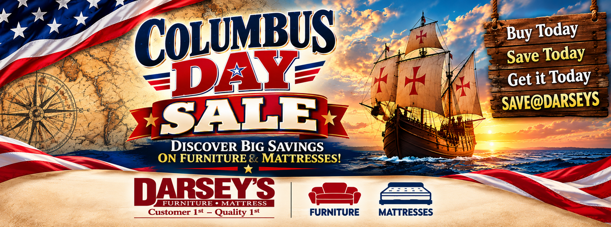 Columbus Day furniture and mattress sale advertisement featuring a sailing ship, an American flag, and store information for Darseys Furniture and Mattress.