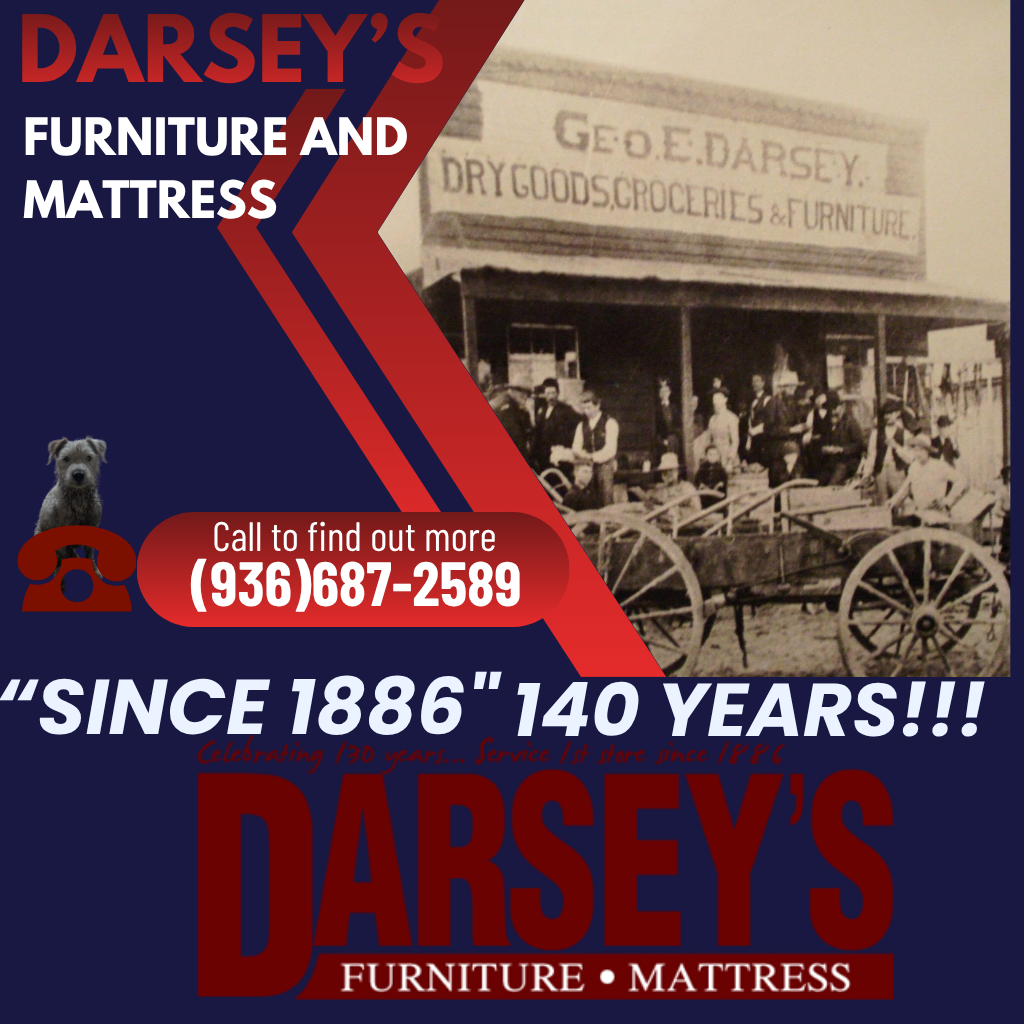 Advertisement for Darsey's Furniture and Mattress with vintage store image and contact information. 140 years since 1886