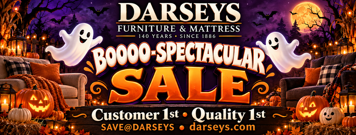 Darseys Furniture & Mattress Halloween sale advertisement featuring two cartoon ghosts, pumpkins, and a dark festive background.