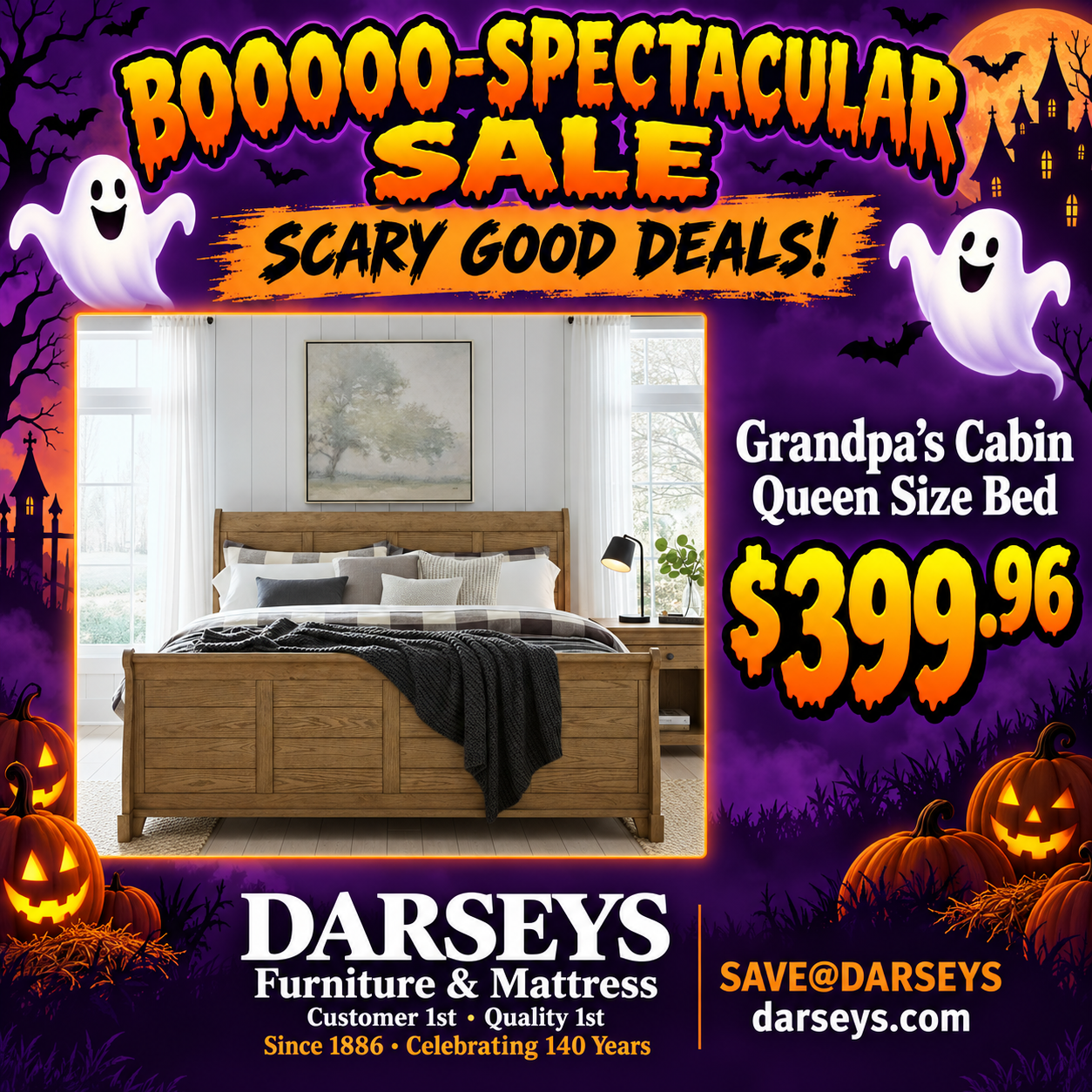 Halloween-themed sale advertisement for a wooden queen-size bed at Darseys Furniture and Mattress for $399.96.