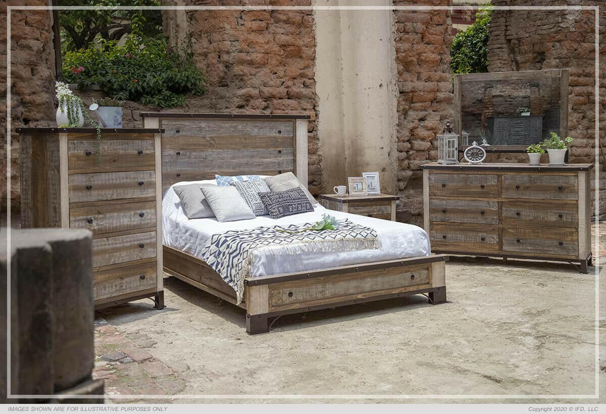 The Antique Grey Bed from IFD is constructed with 100% solid pine, for great durability and value. Mortise and tenon construction ensures stability and durability on all pieces.