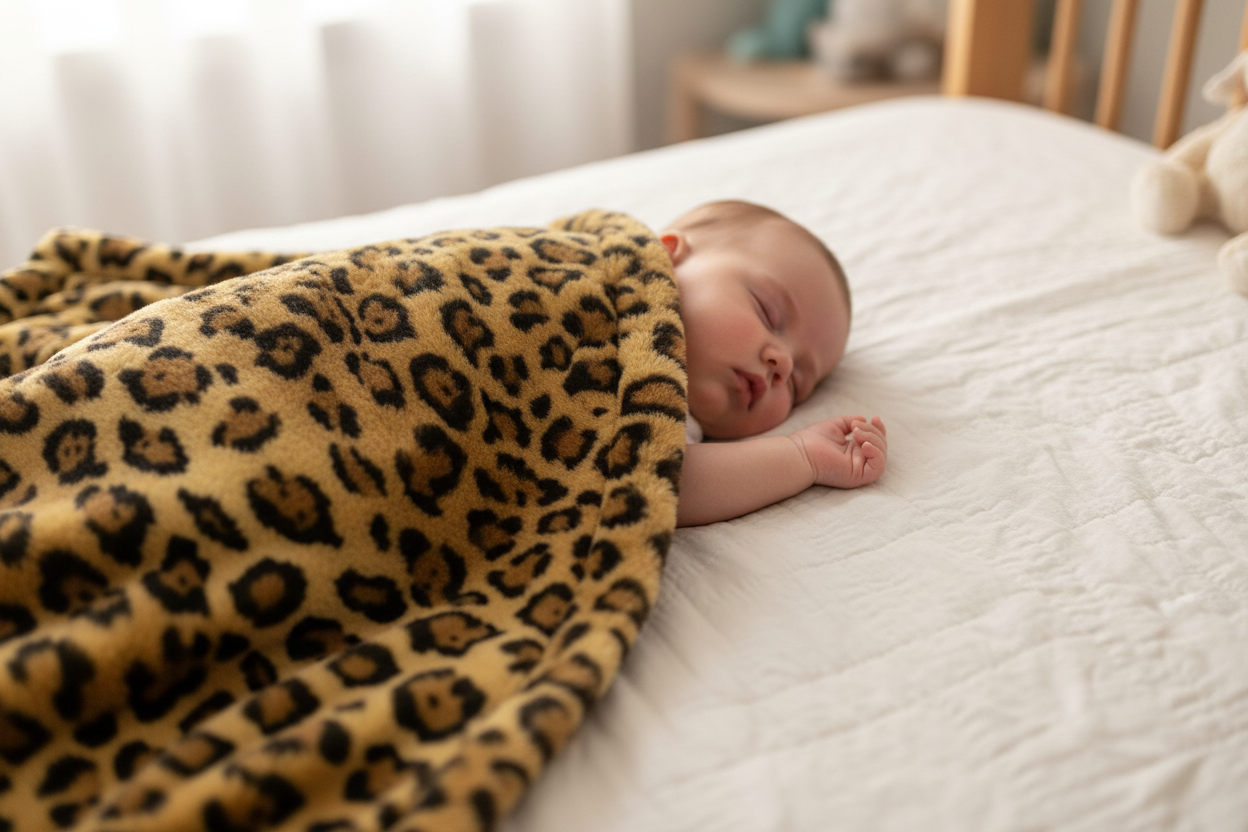 Newborn baby wrapped in a leopard print blanket on a white bed. Main image