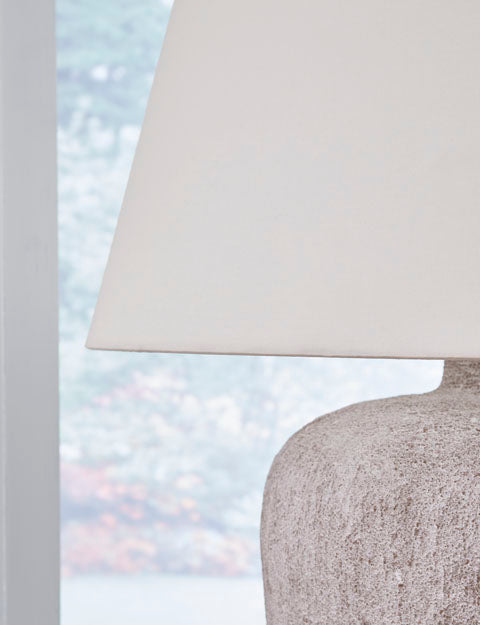 Danry Lamp L207454 table lamp featuring a distressed cream base and a tapered off-white shade in a casual style.