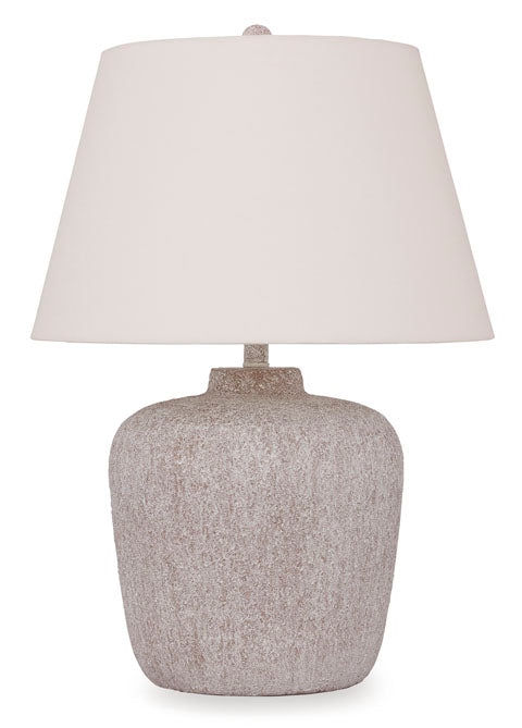 Danry Lamp L207454 table lamp with a distressed cream base and a tapered off-white shade in a casual style.