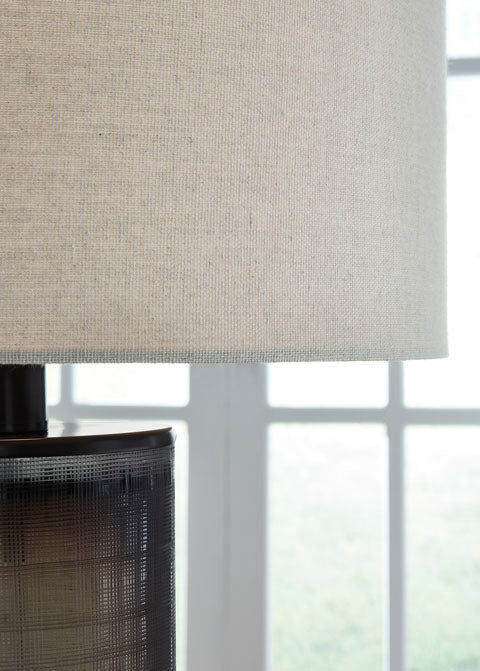 Dingerly Lamp L430824 featuring a drum shade and a cylindrical, frosted glass base with a textured grid pattern.