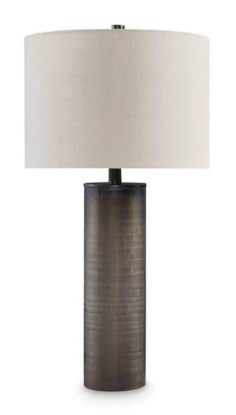 Dingerly Lamp L430824 cylindrical table lamp with a dark, textured ombre base and a drum-shaped fabric shade.