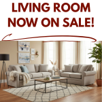 Living room with furniture and decor, featuring a sale banner.