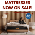 Advertisement for mattresses on sale with a woman on a bed in a bedroom setting.