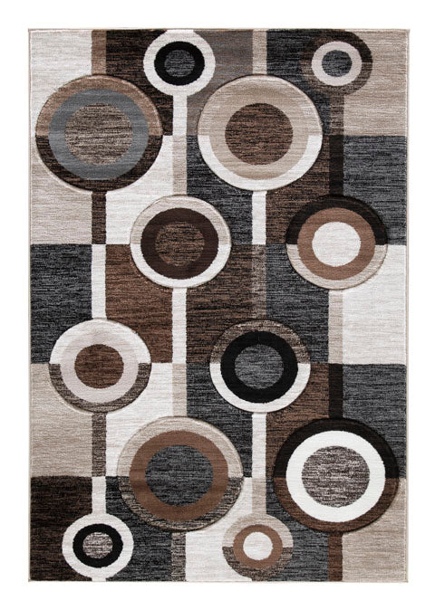 The Guintte Rug R403972 is a modern area rug with an abstract geometric design of stacked circles in shades of brown, gray, black, and beige on a rectangular grid.