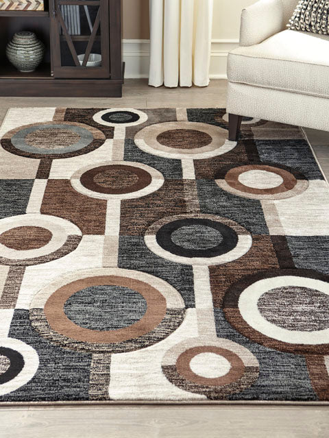 Guintte Rug R403972 featuring a modern geometric design of overlapping circles in shades of brown, gray, beige, and cream.