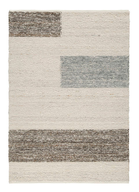 Ashley Barus Rug R406402, a handwoven 5 x 7 area rug with an off-white background and large, rectangular blocks in shades of brown and gray.