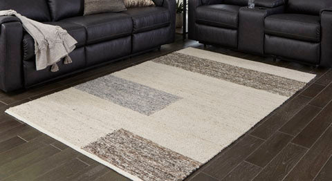 Barus Rug R406402 5x7 rectangular handwoven area rug with a cream-colored base and accented with gray and brown textured geometric patches.