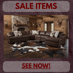 Brown sectional sofa in a rustic living room with 'SALE ITEMS' and 'SEE NOW!' text overlay.
