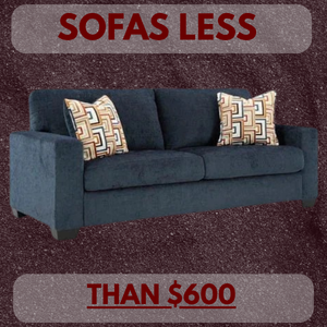 Blue sofa with patterned pillows on a brown textured background with 'Sofas Less Than $600' text.
