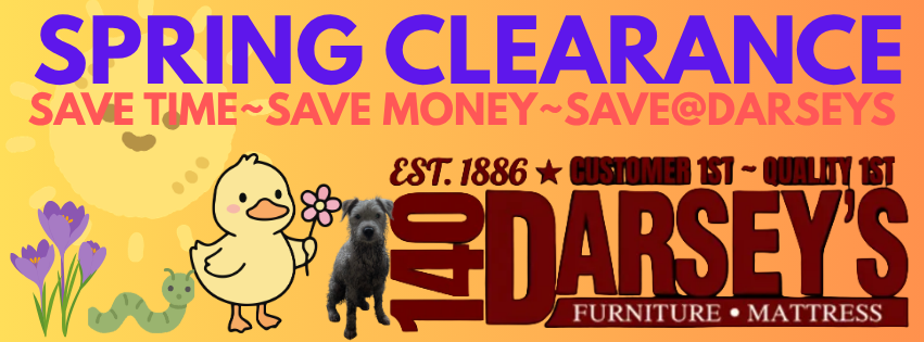 Advertisement for Darsey's Furniture and Mattress with spring clearance text and cartoon characters.