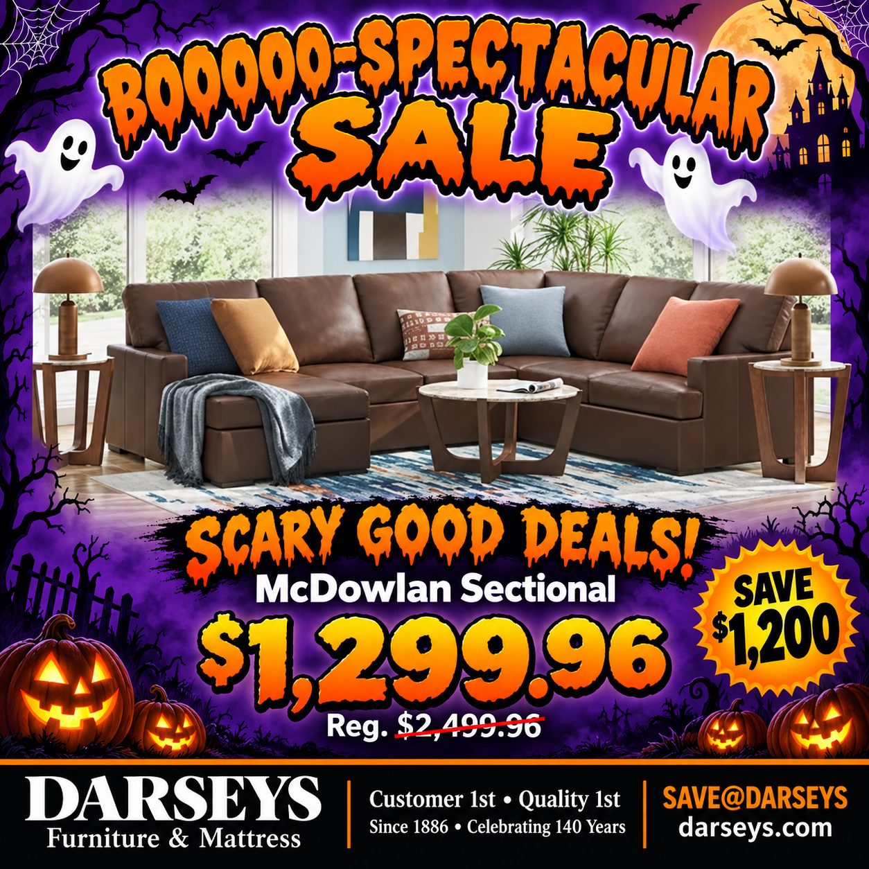 Halloween-themed sale advertisement for a brown McDowlan sectional sofa, priced at $1,299.96 with a $1,200 savings, from Darseys Furniture and Mattress.