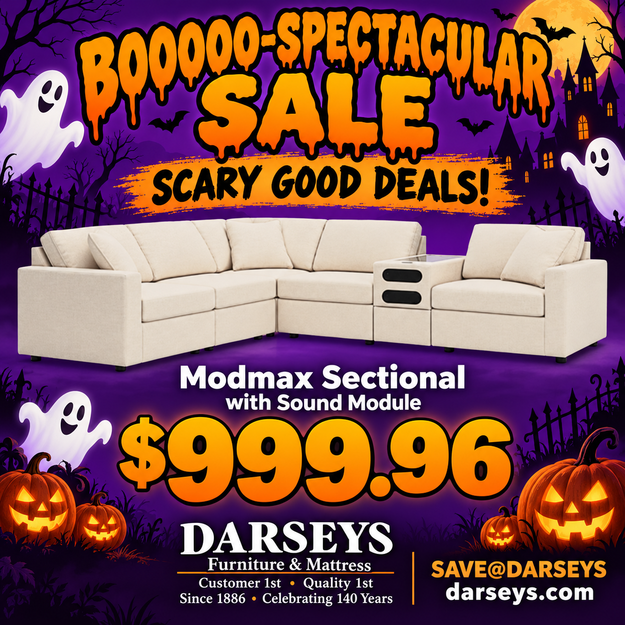 Halloween-themed sale advertisement for a beige Modmax sectional sofa with a sound module, priced at $999.96, from Darseys Furniture & Mattress.