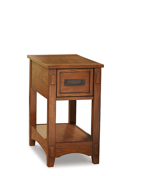 Breegin Brown Chairside End Table T007-319, a tall, narrow Mission-style table with a single drawer and a lower storage shelf.