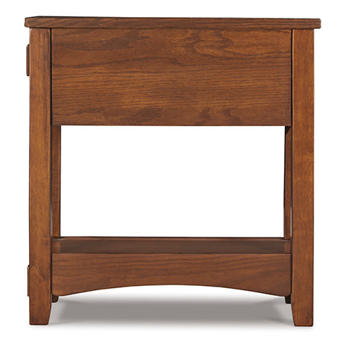 Breegin Brown Chairside End Table T007-319 in brown wood with a wide top drawer and an open bottom shelf.