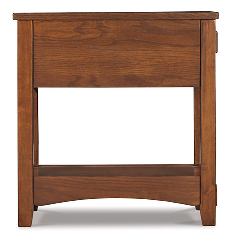 Breegin Brown Chairside End Table T007-319, a brown Mission-style wooden end table with a flat top, a drawer, and a lower shelf.