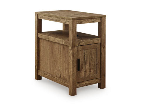 Fendenmore Brown Chairside End Table T190-117 in rustic brown with an open top shelf and a cabinet door featuring a black handle.