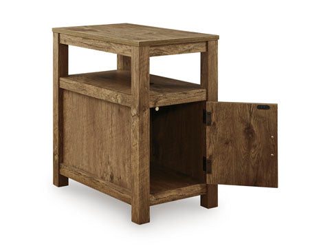 Fendenmore Brown Chairside End Table T190-117 in a rustic brown finish with an open top shelf and a lower cabinet featuring an open door.