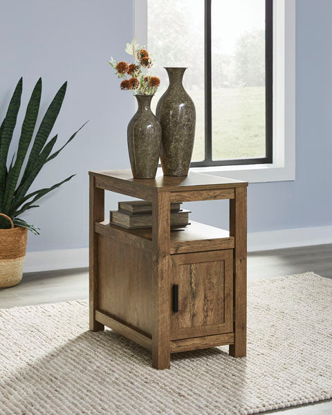 Fendenmore Brown Chairside End Table T190-117 in rustic brown, featuring an open shelf, a cabinet door, and two decorative vases on top.