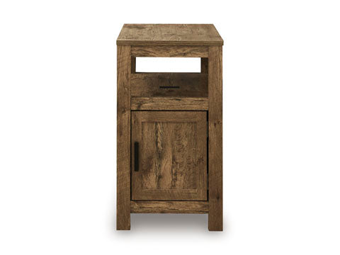 Fendenmore Brown Chairside End Table T190-117 in rustic brown, featuring an open storage shelf and a single cabinet door with a dark handle.