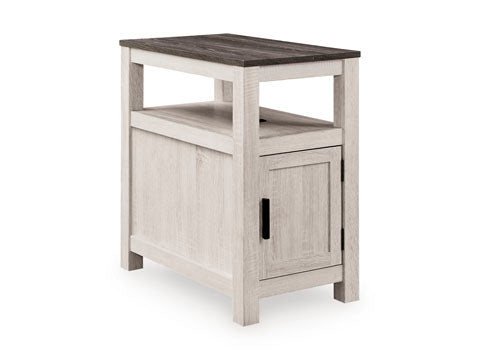 Fendenmore White Chairside End Table T190-217 featuring a dark wood-tone top, a light wood-tone frame, an open shelf, and a lower storage cabinet with a black handle.