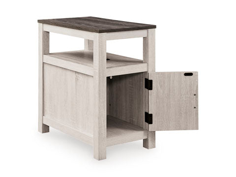 Fendenmore White Chairside End Table T190-217 featuring a rectangular dark wood-tone top, an open storage shelf, and a lower storage cabinet with an open door.