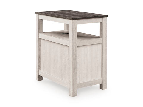 Fendenmore White Chairside End Table T190-217 featuring a rectangular dark wood top and a light, weathered-wood base with an open shelf and enclosed storage cabinet.