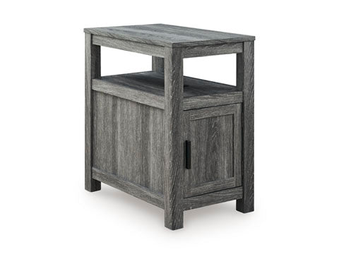 Fendenmore Gray Chairside End Table T190-317 featuring a weathered gray finish, an open top shelf, and a lower cabinet door with a black handle. Main image