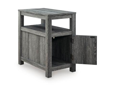 Fendenmore Gray Chairside End Table T190-317 featuring a weathered gray finish, an open shelf, and a side cabinet door hanging open.