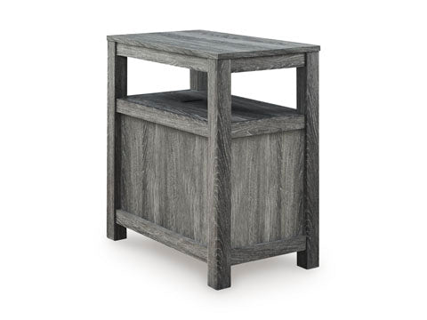 Fendenmore Gray Chairside End Table T190-317 featuring a weathered gray finish, an open shelf, and a solid storage compartment below.