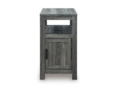 Fendenmore Gray Chairside End Table T190-317 featuring a weathered gray finish, an open storage shelf, and a single cabinet door with a vertical handle.
