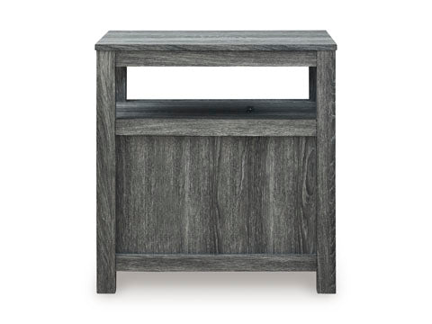 Fendenmore Gray Chairside End Table T190-317 featuring a weathered gray finish, an open storage shelf at the top, and a solid panel at the bottom.